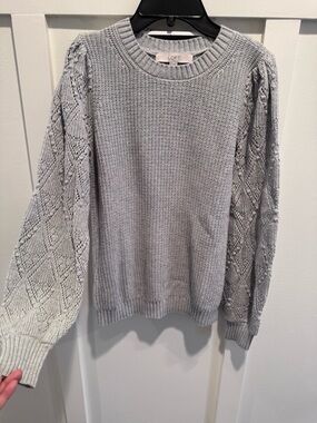 Loft Grey Sweater Puff Sleeve Open Knit Pattern Medium